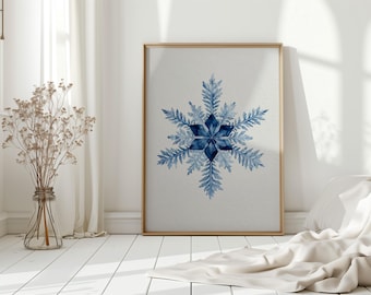 Blue Snowflake Watercolor Canvas Wall Art, Winter Holiday Geometric Snow Crystal Design, Minimalist Seasonal Print for Modern Home Décor