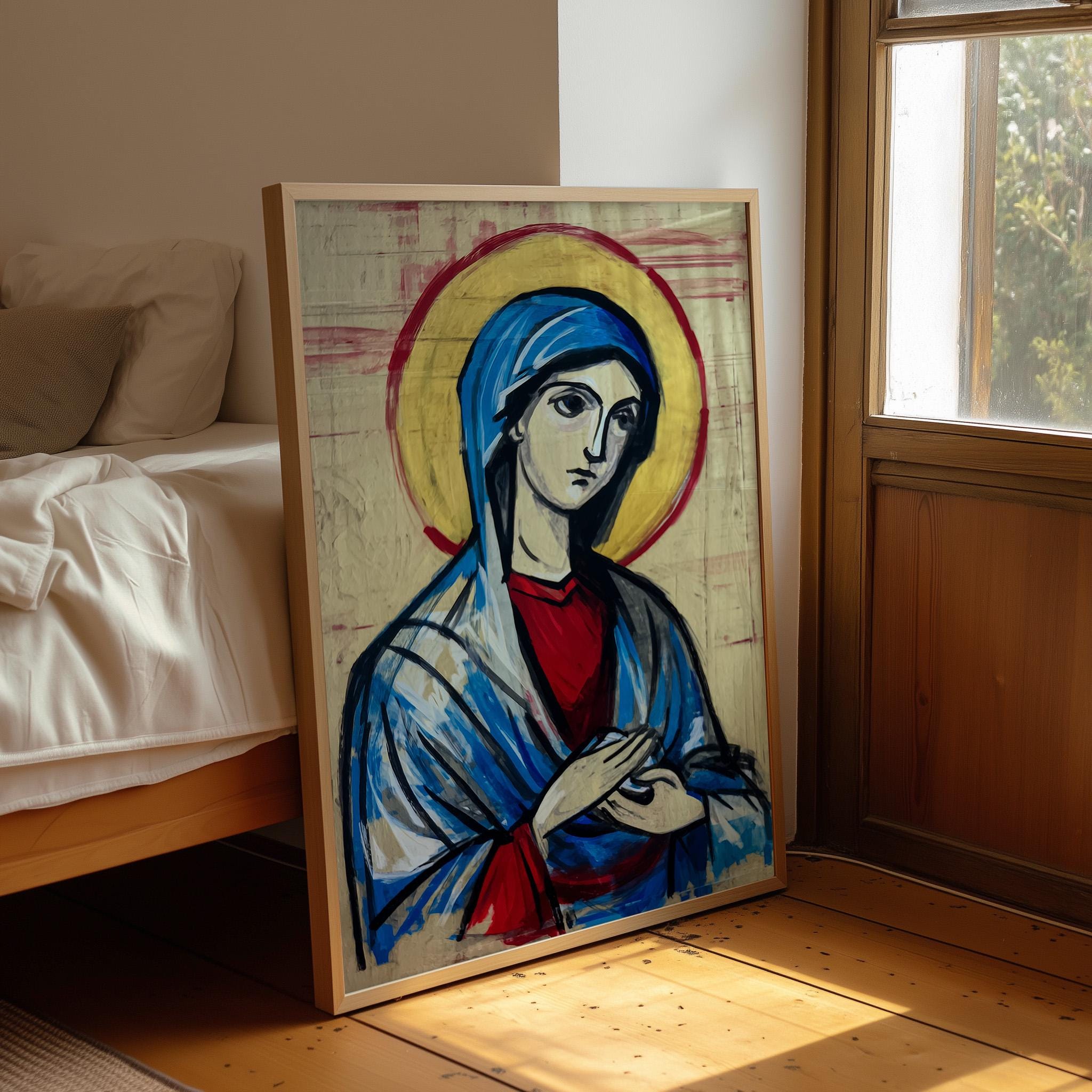Modern Icon of the Virgin Mary | Bold Religious Art With Halo and Blue ...