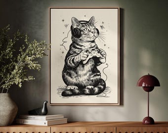 Gamer Cat with Headphones and Controller Illustration
