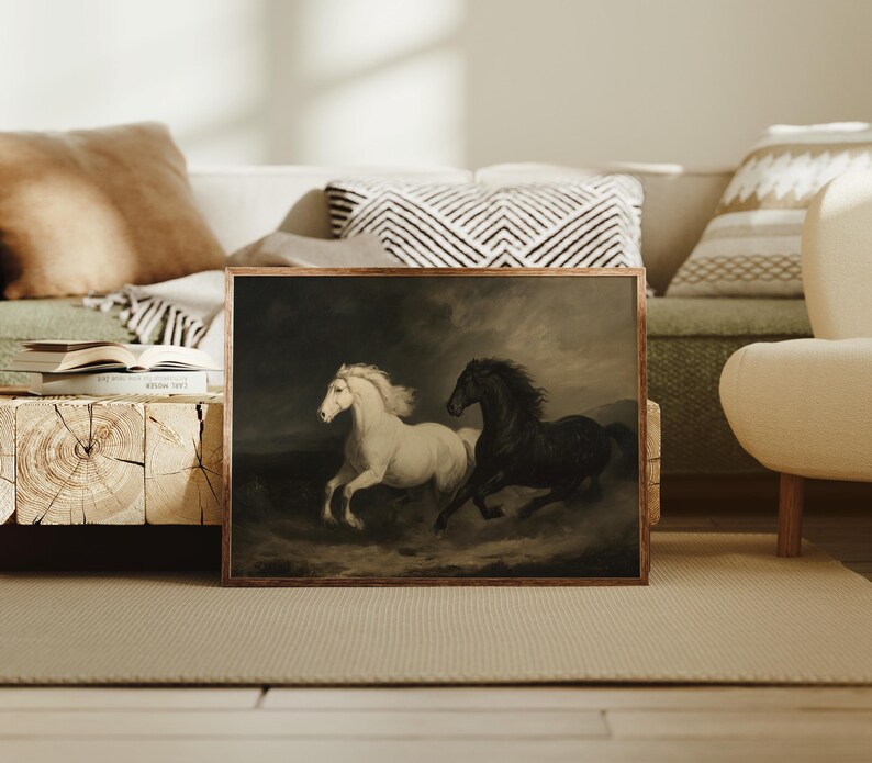 Majestic Black and White Horses Running in Storm - Etsy