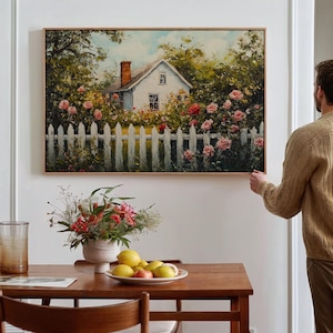 Cottage Garden Canvas Wall Art, Vintage Farmhouse Painting, White House with Roses, Rustic Country Decor, Cozy Floral Landscape