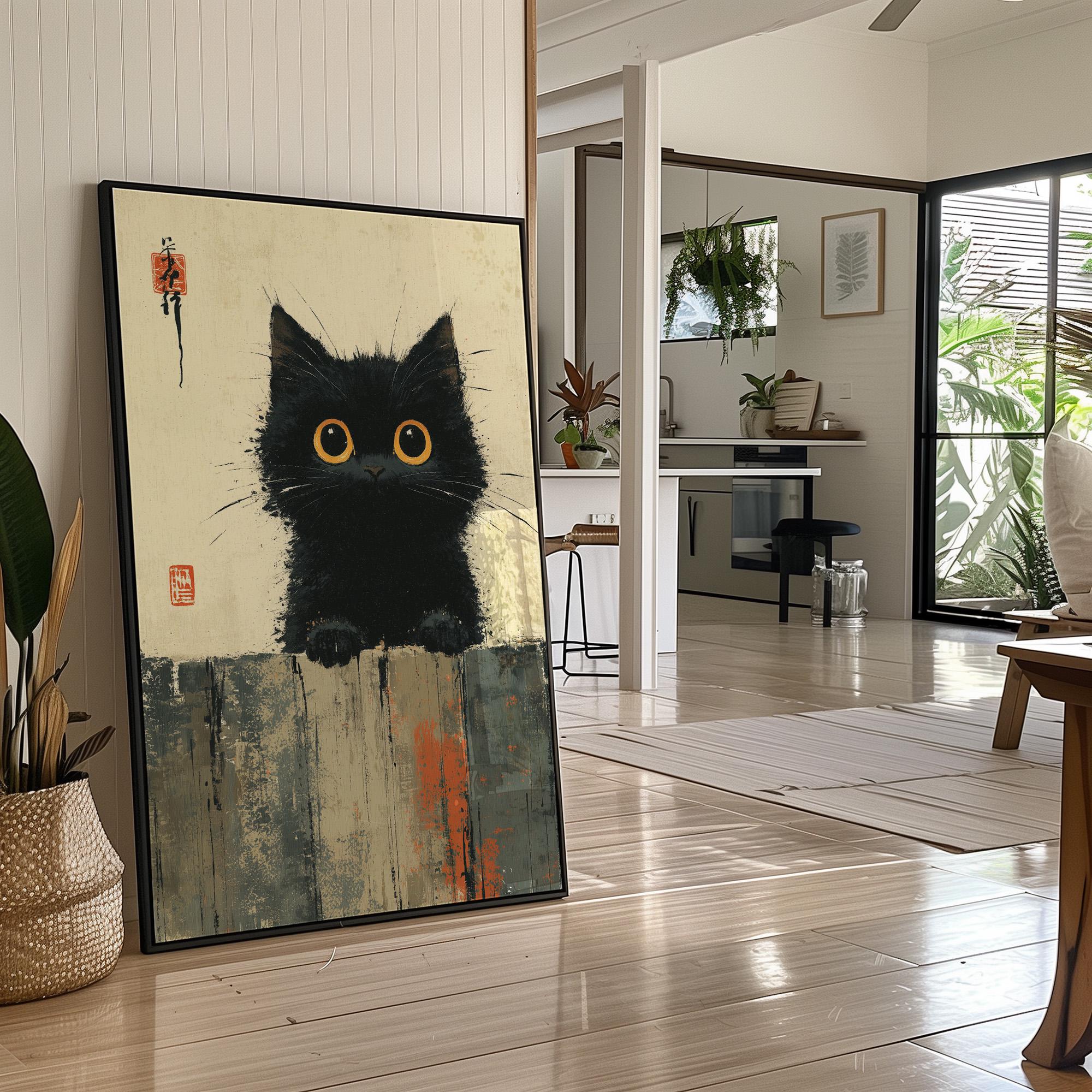好奇心旺盛な黒猫の水墨画 - Etsy 日本