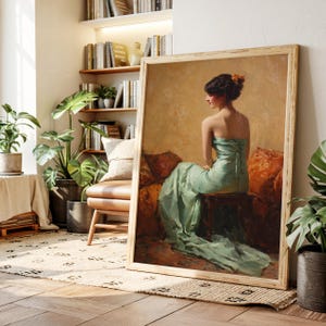 Elegant Woman in Green Gown Sitting Gracefully – Vintage Oil Painting Canvas Art with Soft Lighting and Romantic Interior Atmosphere
