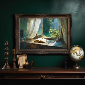 May include: An oil painting of a sunlit window with an open book, framed in a dark ornate frame. A wooden table displays a globe, candles, and a framed document. The scene is set against a dark green wall.