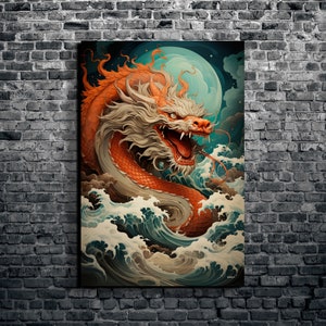 Japanese Dragon Inspired Canvas Wall Art, Dragon Wall Art, Fantasy Dragon Art, Large Wall Art, Office Artwork, Dragon Hangable Art, Kooly