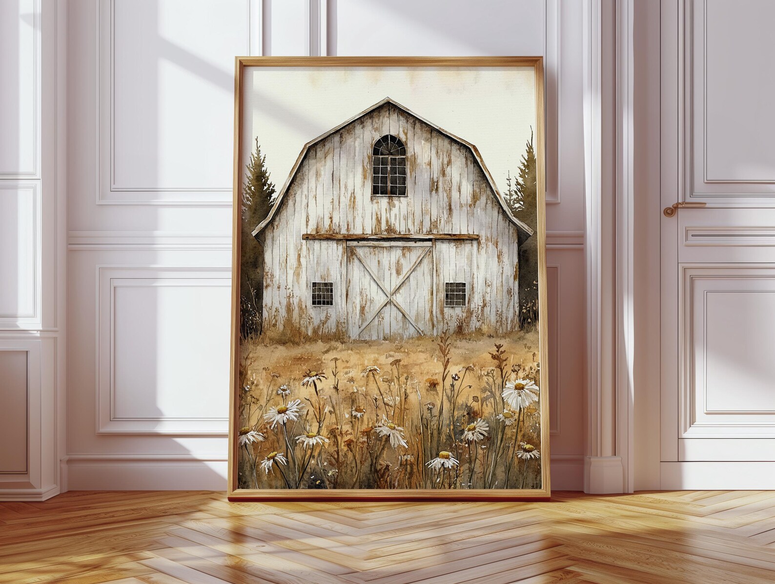 Rustic White Barn and Daisy Field Canvas Wall Art | Vintage Farmhouse ...