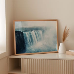 Majestic Waterfall Cascading Into Misty Waters, Soft Brushstroke Detailing, Tranquil Nature Scene for Peaceful Home Decor