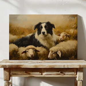 Border Collie and Sheep Canvas Art, Rustic Farmhouse Wall Decor, Herding Dog Painting, Country Animal Print, Vintage Oil Artwork