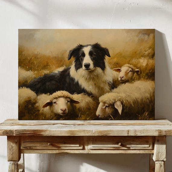 アンティークの犬の油彩画 ＊油絵 ボーダーコリーと羊のキャンバスアート、素朴な農家の壁飾り、牧羊犬の