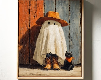 Può includere: Dipinto incorniciato raffigurante un fantasma con cappello e stivali da cowboy, appoggiato a una parete di legno arancione e blu. Un gatto nero con una bandana arancione è nelle vicinanze. L'opera ha uno stile pittorico vintage.
