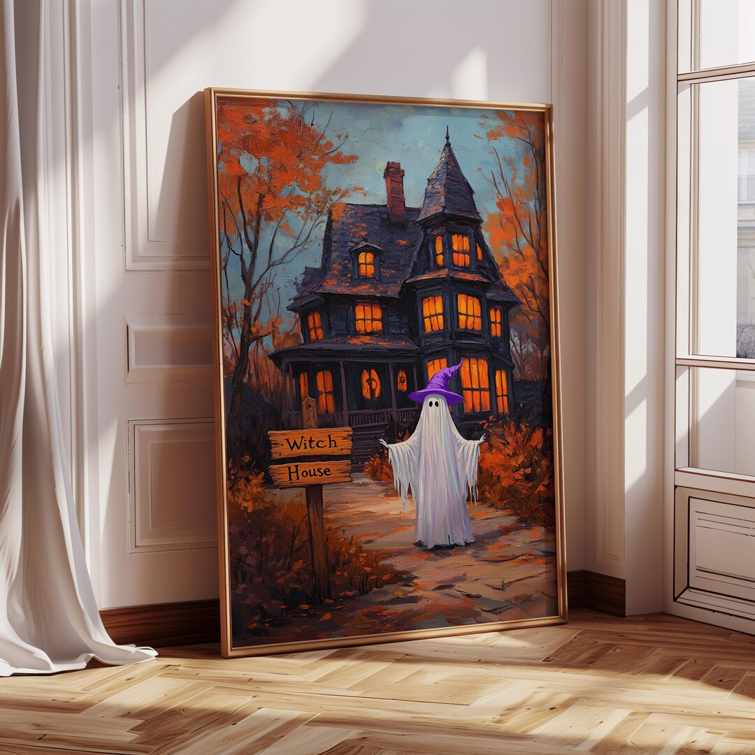 Spooky Ghost Witch Art | Haunted House Halloween Canvas Wall Decor ...