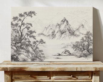 Dibujo a tinta de paisaje tradicional chino, arte montañoso en blanco y negro, decoración de pared de naturaleza serena, elegante impresión de inspiración asiática.