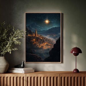 Bethlehem Star Over Holy City Canvas Wall Art, Christmas Night Nativity Landscape Print, Spiritual Biblical Decor for Holiday Display