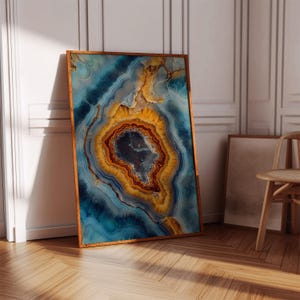 Blue Orange Geode Crystal Wall Art – Abstract Agate Slice Canvas with Natural Stone Layers for Boho, Earthy, and Modern Decor Styles