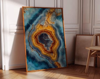Arte mural de cristal de geoda azul y naranja: lienzo abstracto de ágata con capas de piedra natural para estilos de decoración bohemios, terrosos y modernos.