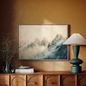 Misty Mountain Landscape Canvas, Serene Nature Wall Art, Neutral Toned Mountain Print, Foggy Peak Artwork, Tranquil Home Decor