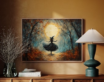 Dancing Witch in Moonlit Forest - Halloween Canvas Wall Art - Mystical Autumn Scene with Full Moon Glow