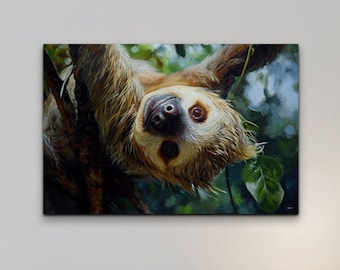 ナマケモノのキャンバス壁アートプリント、ナマケモノ、油絵スタイル、トロピカル動物装飾、トロピカルアート、動物アート、キャンバス壁アートホームデコレーション、リビングルームアート