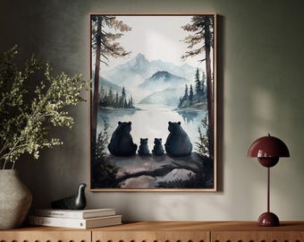Bear Family Lake View Canvas Wall Art | Woodland Mountain Nursery Print | Forest Animal Poster | Rustic Cabin Decor for Kids Room