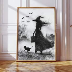 ゴシック魔女と黒猫のキャンバスウォールアート、ヴィンテージハロウィンプリント、不気味な魔女の女性のイラスト、ダークコテージコアのホームデコレーション