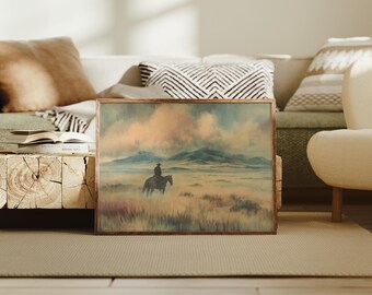 Pintura de vaquero montando / Arte de pared en lienzo a caballo del oeste