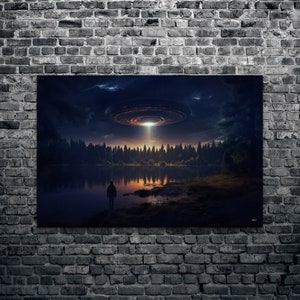 UFO Abduction Canvas Wall Art, Flying Saucer Canvas Wall Art, UFO Art, Hangable Alien Canvas Wall Art, Kooly, KoolyArt