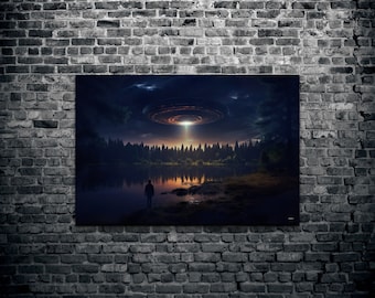 UFO Entführung Leinwand Wandkunst, Fliegende Untertasse Leinwand Wandkunst, UFO Kunst, Hangable Alien Leinwand Wandkunst, Kooly, KoolyArt