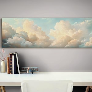 Panorama Wolken Leinwand - Verträumter Himmel Wandkunst - Gelassene Wolken bei Sonnenuntergang - Vintage Ölgemälde - Ätherische Natur Dekoration