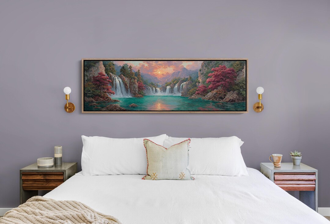 Majestic Waterfall Mountain Sunset Landscape Wall Art - Etsy