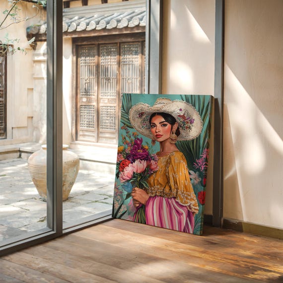 Floral Mexican Woman Canvas Wall Art – Colorful Latin Heritage Portrait in Vintage Oil Painting Style with Flowers and Embroidered Hat
