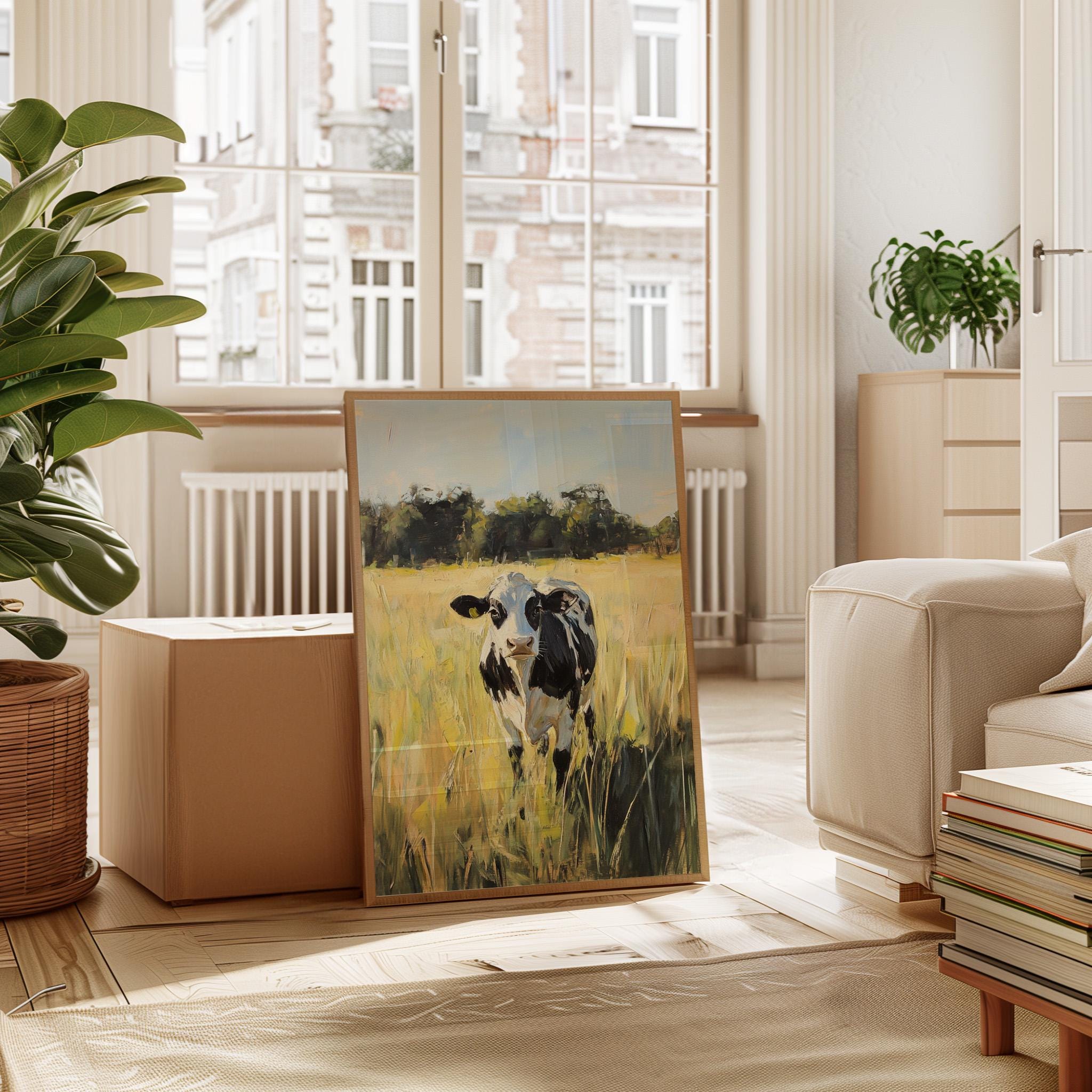 Stampa Su Tela Mucca Bianco E Nero - Quadro Vintage Per Soggiorno, Camera O Ufficio, Cornice In Legno Già Inclusa