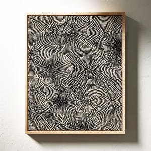 Abstract artwork featuring overlapping circular tree-ring patterns in bold black ink on a white background, creating a modern minimalist organic design.