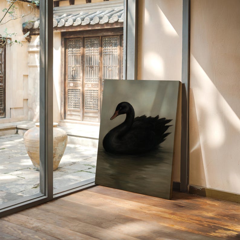 Elegant Black Swan Canvas Wall Art – Vintage Style Animal Painting for ...