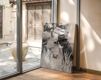 Cowboy and Horse Black and White Photography | Rustic Western Wall Art for Country Home Decor