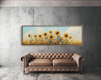 Sunflower Field Canvas Art, Golden Farmhouse Wall Decor, Rustic Summer Landscape, Bright Yellow Floral Print, Countryside Nature Scene