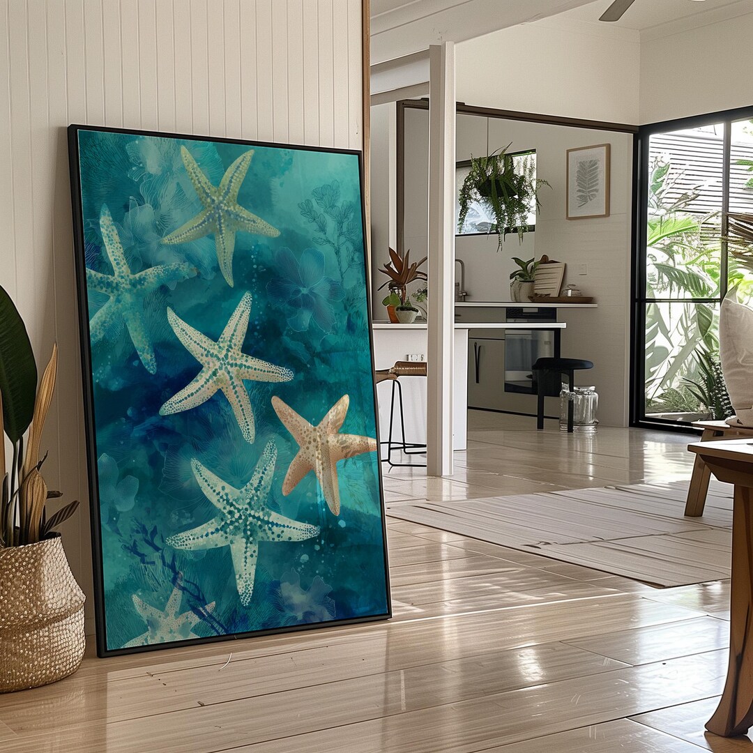 Starfish Ocean Wall Art | Coastal Blue Sea Life Print With Textured ...