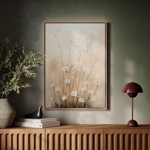 Fleurs blanches délicates sur toile beige - Art floral minimaliste - Décoration bohème neutre pour le salon ou la chambre - Poster botanique élégant