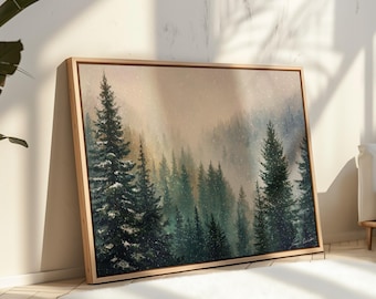 Puede incluir: Pintura enmarcada de un paisaje forestal. La obra representa altos árboles de hoja perenne en tonos verdes y azules, con un fondo brumoso y atmosférico. El marco es de madera de color claro.