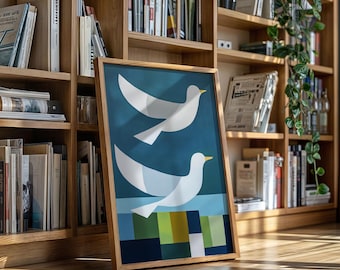 Pintura moderna de gaviota / Arte mural minimalista de aves costeras sobre lienzo
