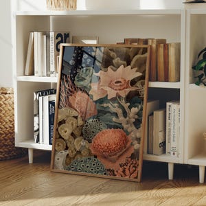 Intricate vintage-style canvas depicting a lush coral reef filled with sea flowers, sponges, and marine plants in earthy reds, blues, and beiges set against a dark ocean background with rising bubbles.