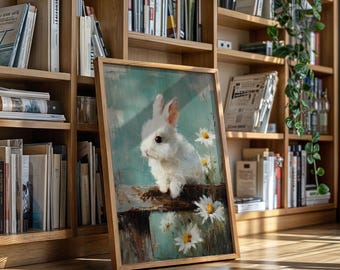 Vintage Ölgemälde von weißen Häschen mit Gänseblümchen niedlichen Kaninchen Wand Kunst auf aquamarinen Hintergrund, Frühlingstier Leinwand für Landhaus und Kinderzimmer Dekor
