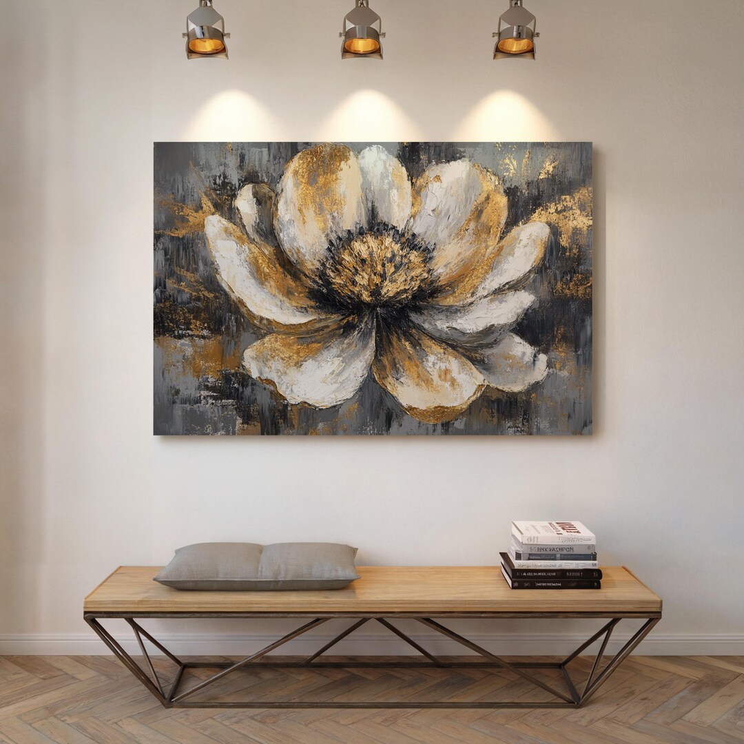 Abstract Gold Flower Canvas Wall Art - Textured Metallic Petals on Gray ...