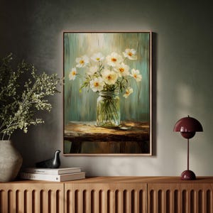 Vintage Blumen Kunstdruck, Weiße Blumen im Einmachglas, Rustikale Stillleben Leinwand, Cottagecore Wanddekoration, Antiker Stil Poster