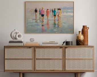 Quadro su tela raffigurante una passeggiata sulla spiaggia / Dipinto a olio impressionista raffigurante persone che passeggiano lungo la riva con riflessi / Decorazione murale estiva costiera