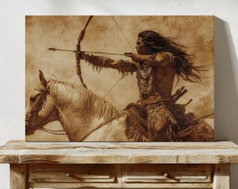 May include: A sepia-toned illustration of a Native American man riding a horse and aiming a bow and arrow. The man is wearing traditional clothing and has long flowing hair. The horse is white and has a brown saddle.