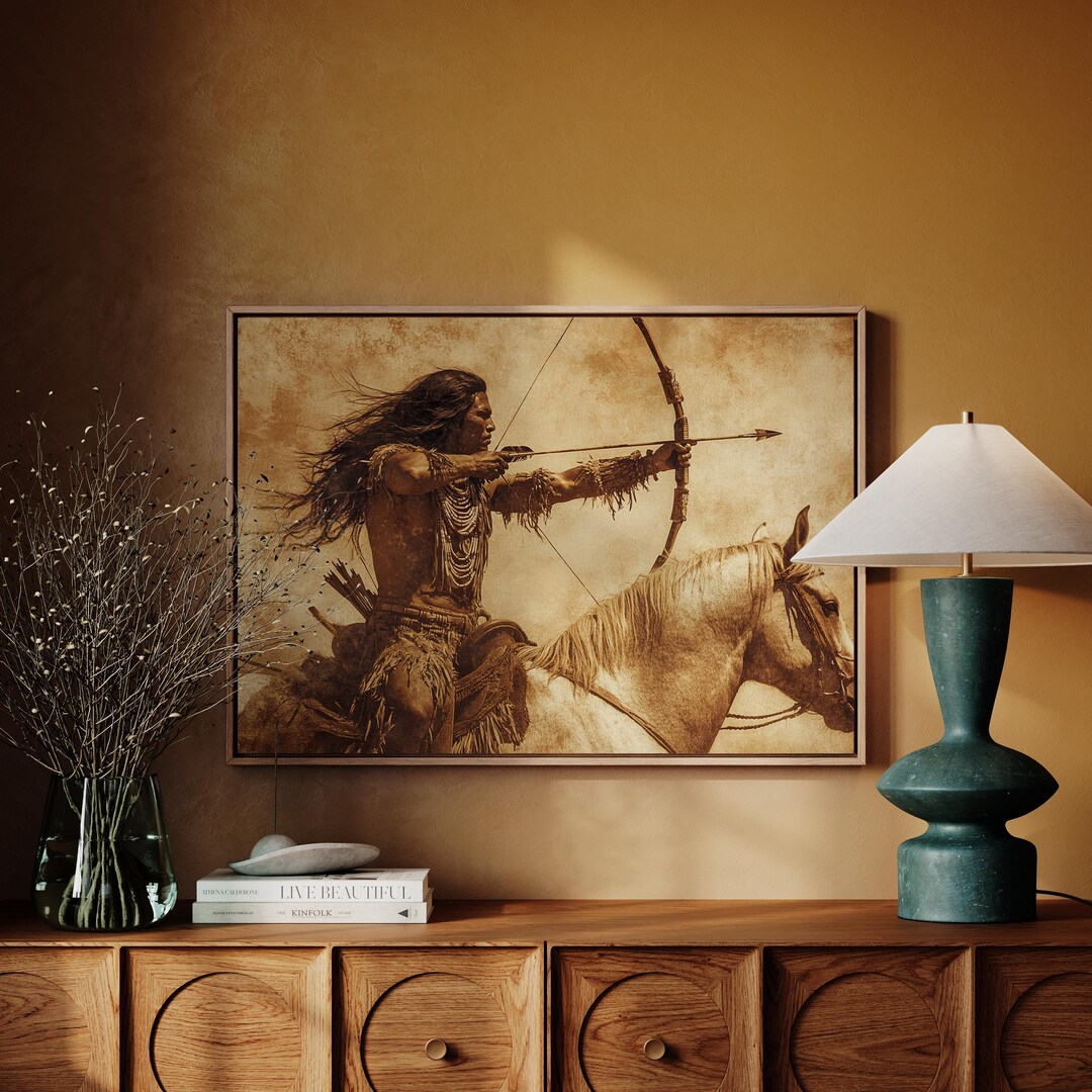 Native American Warrior With Bow on Horseback - Rustic Sepia Wall Art ...