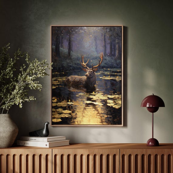 Majestic Stag in Enchanted Forest Pond Canvas Wall Art, Golden Water Lilies and Mystical Deer Painting, Nature Wildlife Home Décor