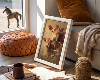 May include: A framed painting of two brown cows in a field of wildflowers. The painting is in a white frame and is leaning against a wall. A brown leather ottoman, a brown mug, and a cowhide rug are in the foreground.