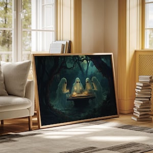 Ghost Séance Canvas Wall Art | Spooky Forest Ouija Scene | Gothic Halloween Decor | Haunted Spirit Gathering Painting Print