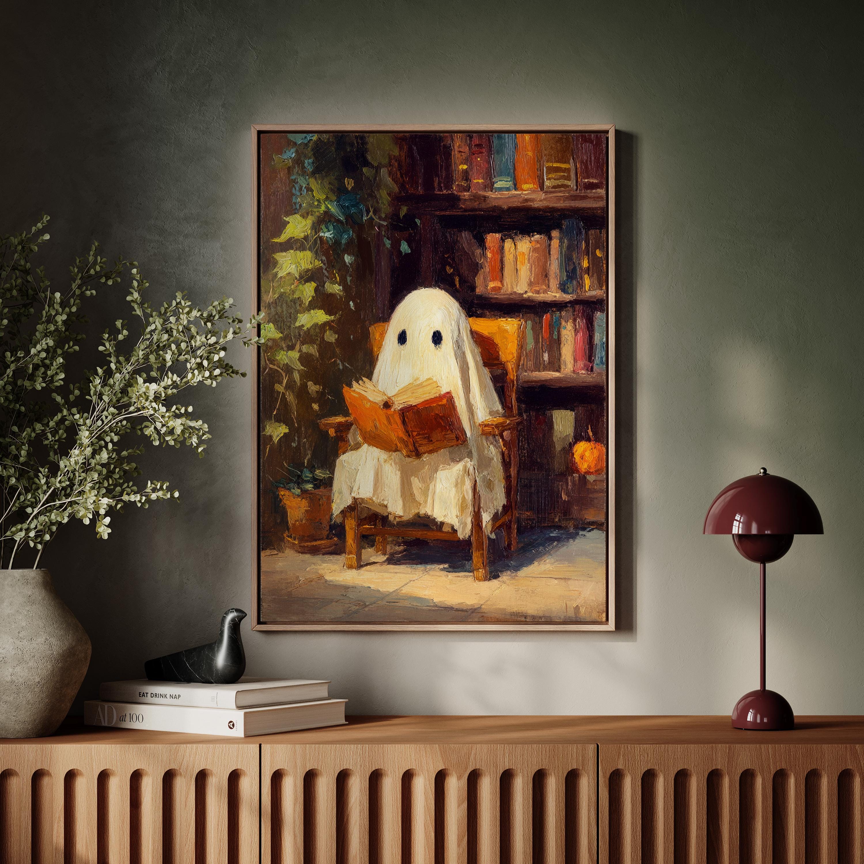 Cozy Ghost Reading in a Library | Whimsical Autumn Art - Etsy